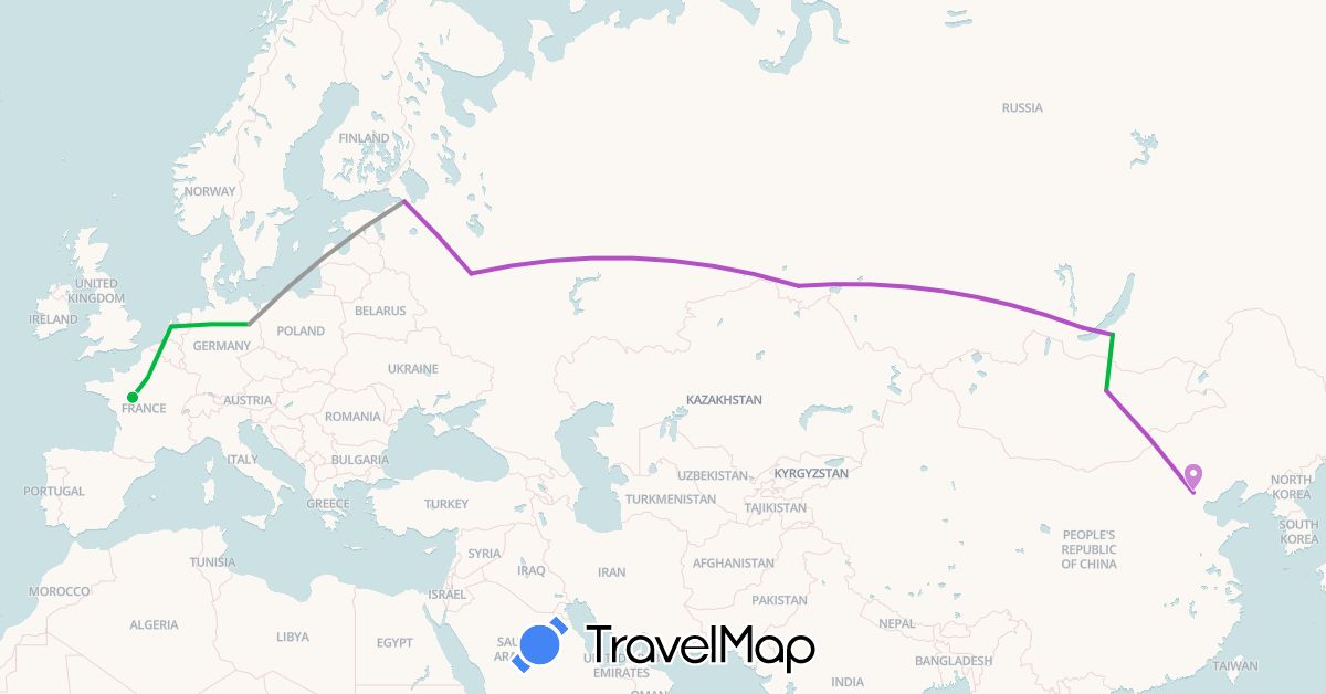 TravelMap itinerary: driving, bus, plane, train in China, Germany, France, Mongolia, Netherlands, Russia (Asia, Europe)
